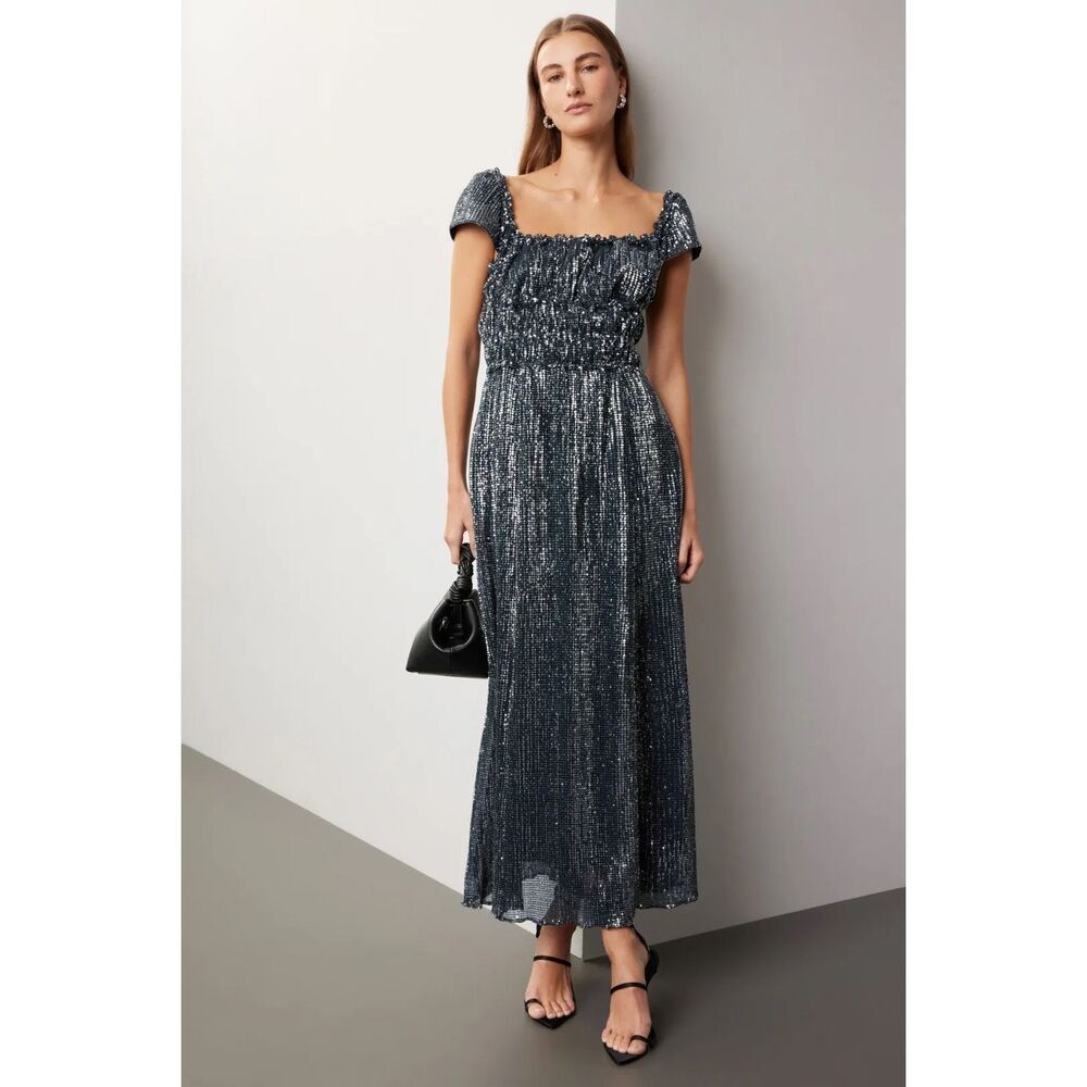 Altuzarra Lily Sequin Silk Midi Dress in Black Navy Blue Size 4